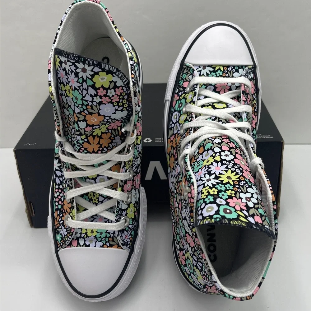Converse Floral Platform High Top Sneakers - Black with Pastel Flowers
